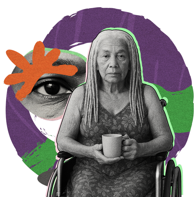 Montagem em preto e branco de uma idosa negra, de longos dreads, sentada em uma cadeira de rodas. Na composição, aparecem relógio e formas abstratas coloridas e parte de um olho humano em destaque, representando a atenção que as cuidadoras dão a grupos vulneráveis e prioritários.