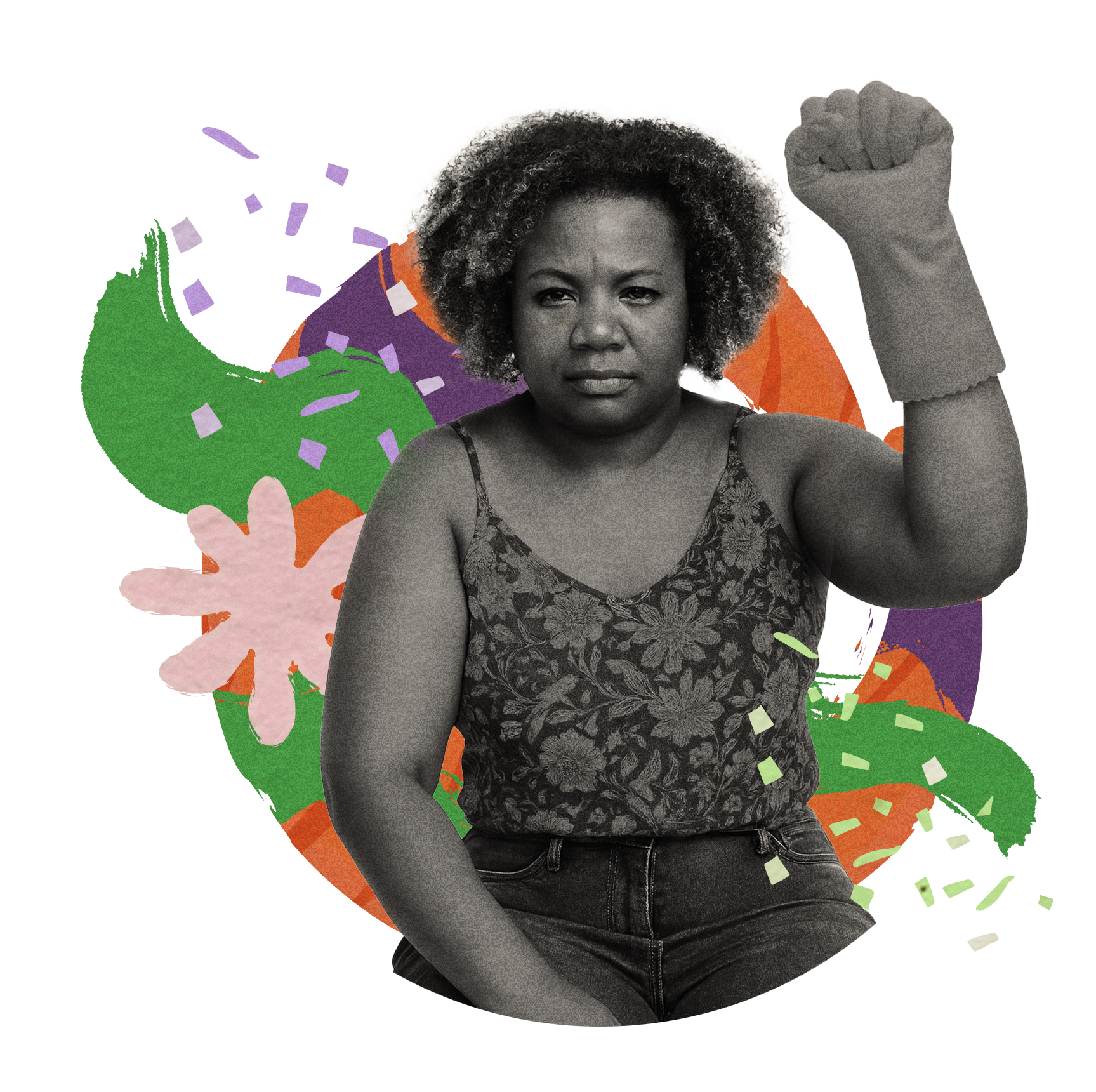 Montagem em preto e branco de uma mulher negra levantando o braço direito com o punho fechado e de luva de limpeza, em gesto de força. Ela veste uma blusa de alças estampada. Ao fundo, há formas abstratas coloridas em tons de verde, roxo, rosa e laranja.
